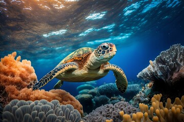 Sea turtle swimming over coral reefs, Generative AI