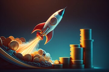 Rocket taking off over stack of coins, successful startup concept, blue background, digital illustration, Generative AI