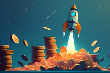 Rocket taking off over stack of coins, successful startup concept, blue background, digital illustration, Generative AI