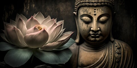 buddha statue and lotus flower, Generative AI
