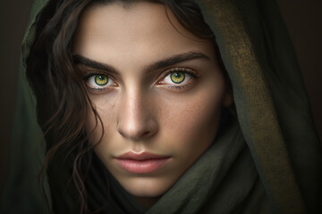 young adult woman with pretty face wearing comfortable clothing for sun protection, fashionable hijab or similar. Generative AI