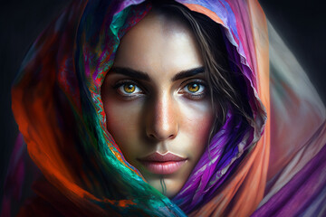 young adult woman with pretty face wearing comfortable clothing for sun protection, fashionable hijab or similar. Generative AI