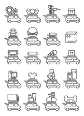 Set de ícones delivery, set de ícones entrega, set de ícones loja de entrega, set de ícones logística, set de ícones, lanche, maquiagem, roupas, ferramentas, móveis, eletrônicos, informática, pet