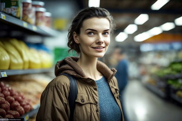 young woman in a supermarket or similar, products on supermarket shelves in the background, fictitious place. Generative AI