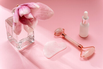 Rose quartz crystal facial roller and gua sha scraper, face serum and magnolia flower in vase on pink background. Facial massage kit for lifting therapy . Skin care anti-aging tools. Top view