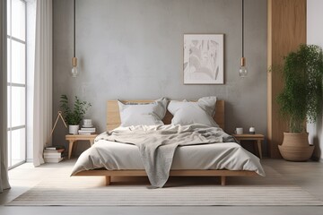 mockup of a Scandinavian style bedroom interior. mockup of a poster. Generative AI