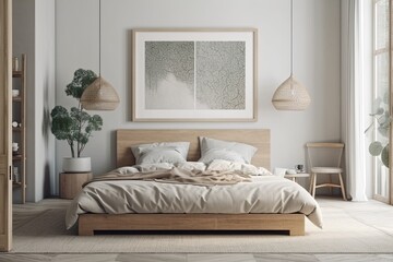 bedroom background with mock up poster frame in contemporary, Boho Scandinavian design,. Generative AI