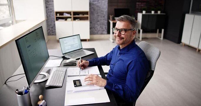 Accounting Bookkeeper Clerk Man. Bank Advisor