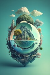 Conceptional image of planet Earth, globe, trees, ocean, mountains and white clouds on blue sky, ai generated, earth day poster