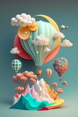 Colorful air balloons fly in the sky over a beautiful fantasy island with mountains, paper art, poster