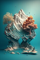 Beautiful fantasy island with mountains, trees, coral reef, ocean, pastel colors, ai generated image, earth day poster