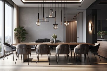 Dining table and interior design of a dining room are examples. Generative AI