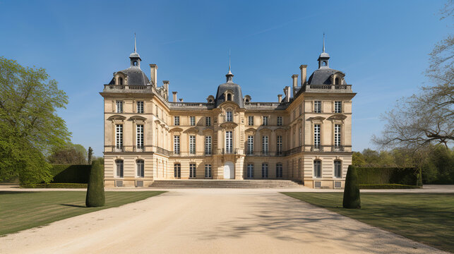External view of a French chateau. Daytime. AI generated.