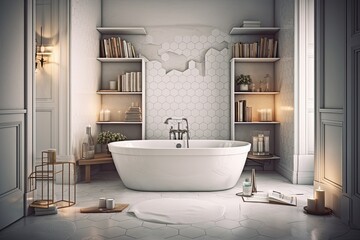 Fototapeta na wymiar A luxurious bathroom's interior features a floor made of hexagonal tiles and an elegant white bathtub with water in it. an opening A shelf with a faux open book. top view toned double exposed image