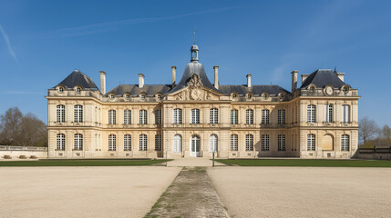 Fototapeta premium External view of a French chateau. Daytime. AI generated.
