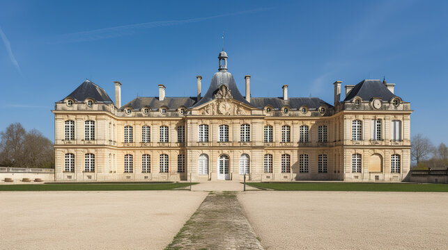 External view of a French chateau. Daytime. AI generated.
