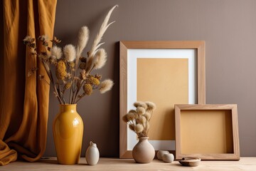 A wooden frame in a creative setting, next to dried flowers in a clay vase, is covered in a mustard colored cloth. Generative AI