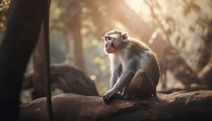 Fototapeta premium brown monkey in the wild, sun and rain environment