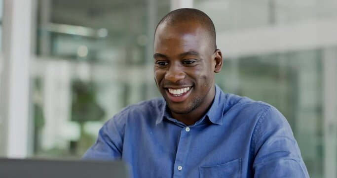 Laptop, business face or black man happy for finance report, online banking review or financial accounting. Bookkeeping administration, budget funding analysis or bank admin working on payroll system