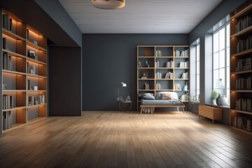 Interior of a dark, empty room with a blank white poster, a grey wall, book shelves, and an oak wooden parquet floor. The idea of a large space was designed for original thought. a mockup. Generative