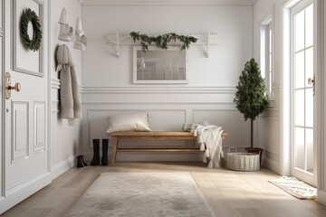 Holiday farmhouse entrance. White wall and wooden bench nearby. Mockup of an interior. Generative AI