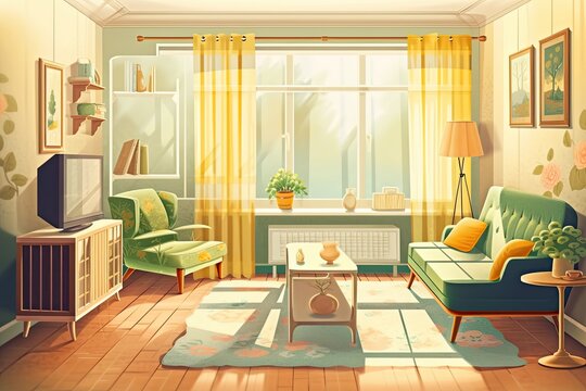 Image A living room in a house Cozy interior of a home. Yellow sofa and armchair are positioned next to a window with green curtains. Toilets at home for the entire family. On a White Background, Alon