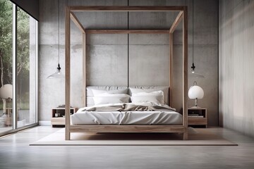Interior of luminous bedroom with three empty white poster beds, enormous bed, bookshelves, and concrete floor. Concept for a calm and relaxing minimalist design. a mockup. Generative AI