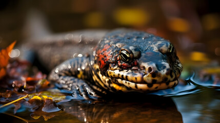 A captivatingly enigmatic, detailed, colorful, and mesmerizing image of a Chinese Giant Salamander swimming through a pond. AI Generated
