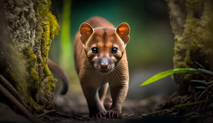 A Fossa prowling through the jungle looking for prey. AI Generated