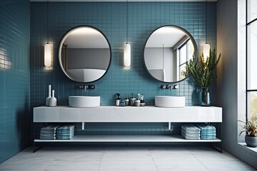 In a room with white and blue walls and tall vertical mirrors and shelves, a double bathroom sink is perched on a white shelf. Generative AI