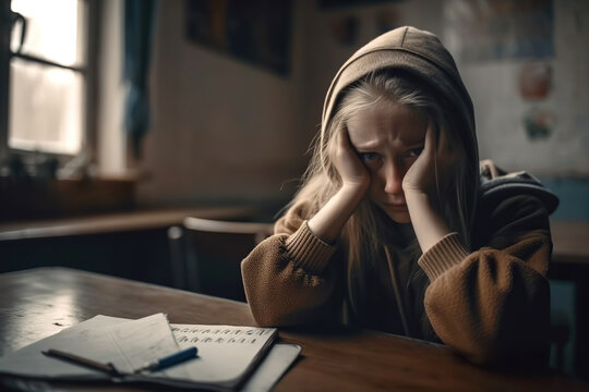 Stressed school girl child, pupil, bullying victim. Concept of psychological stress, bullied student. Generated by AI