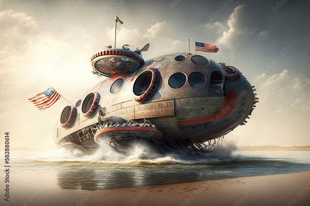 Poster celebrating eternal freedom with an alluring hovercraft generative ai
