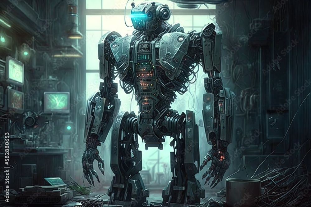 Poster cybernetic overlord: emerging from the assembly line generative ai