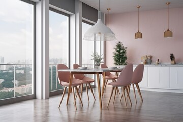 Interior of a dining room with a table and four pink chairs on a parquet floor and a plant in a pot next to a panoramic city view. blank wall, empty copy space. Generative AI