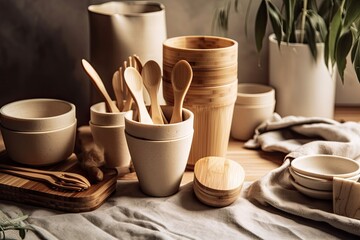 Fototapeta na wymiar Reusable bamboo cups made from sustainable materials for takeout coffee and wooden cutlery for modern kitchens. concept of bringing your own cup. Sustainable lifestyle with no waste. Plastic free idea