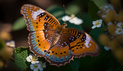 A stunningly vibrant, luminous, crisp, natural, and detailed image of a butterfly on a sunny day. AI Generated