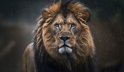 A strikingly ferocious smf powerful lion on a moody day. AI Generated
