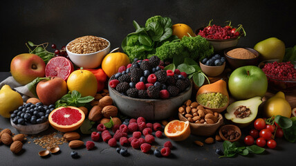Fototapeta na wymiar Healthy food clean eating selection fruit, superfood, seeds, cereal, vegetable, leaf vegetable on gray