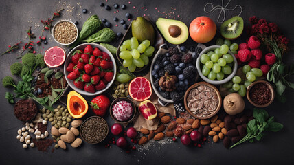Healthy food clean eating selection fruit, vegetable, seeds, superfood, cereal, leaf vegetable on gray