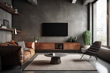 Modern living room with cabinet, brown leather couch and armchair, coffee table, floor lamp, and fur rug. TV on gray concrete wall. Generative AI