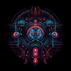 It reflects the cyberpunk and futuristic elements of the prompt, along with the use of neon and symmetrical design