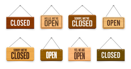 Fototapeta premium Wooden open or closed hanging signboards. Made of wood door sign for cafe, restaurant, bar or retail store. Announcement banner, information signage for business or service. Vector illustration