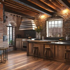 A rustic kitchen with exposed beams and brick walls1, Generative AI