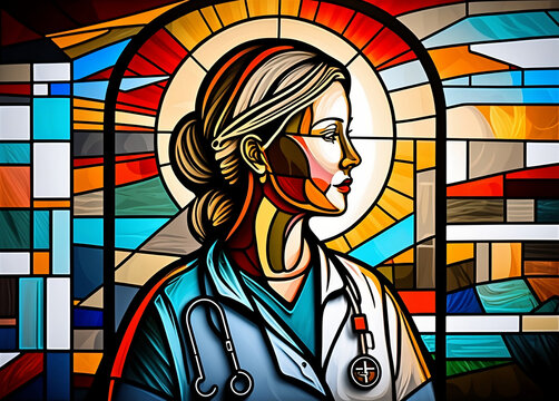 stained glass window honoring modern nurses