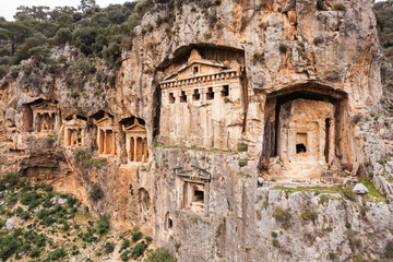 Rock tombs of the kings at ancient city of Kaunos in Dalyan, Koycegiz. Travel destination.