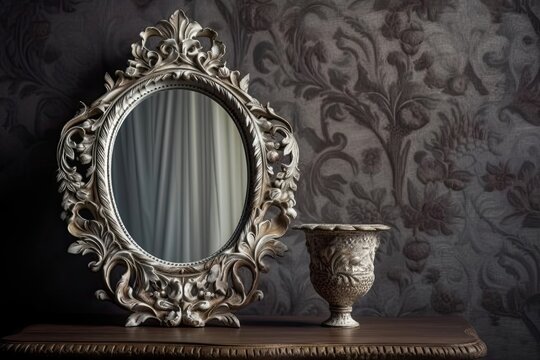 White vintage mirror or frame, top view. For mockups, a photo montage may be used. Generative AI