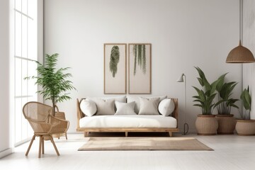 Concept for an architect and interior designer featuring a living room with parquet, a frame mockup, a sofa, a rattan table, potted plants, and cushions. Generative AI