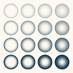 Round shaped dotted objects, vintage stipple elements. Fading gradient. Stippling, dotwork drawing, shading using dots. Halftone disintegration effect. White noise grainy texture. Vector illustration