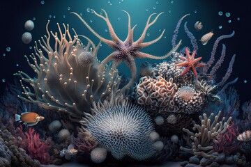 Fototapeta na wymiar Colorful Companions: Anemones and Sea Stars of the Ocean Depths. Generative AI