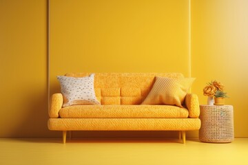 Yellow background with an isolated yellow sofa. Generative AI